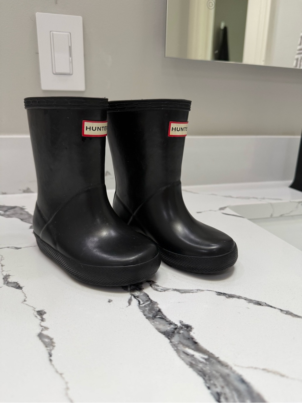 Hunter Kids Black Tall Rain Boots with Red Logo
